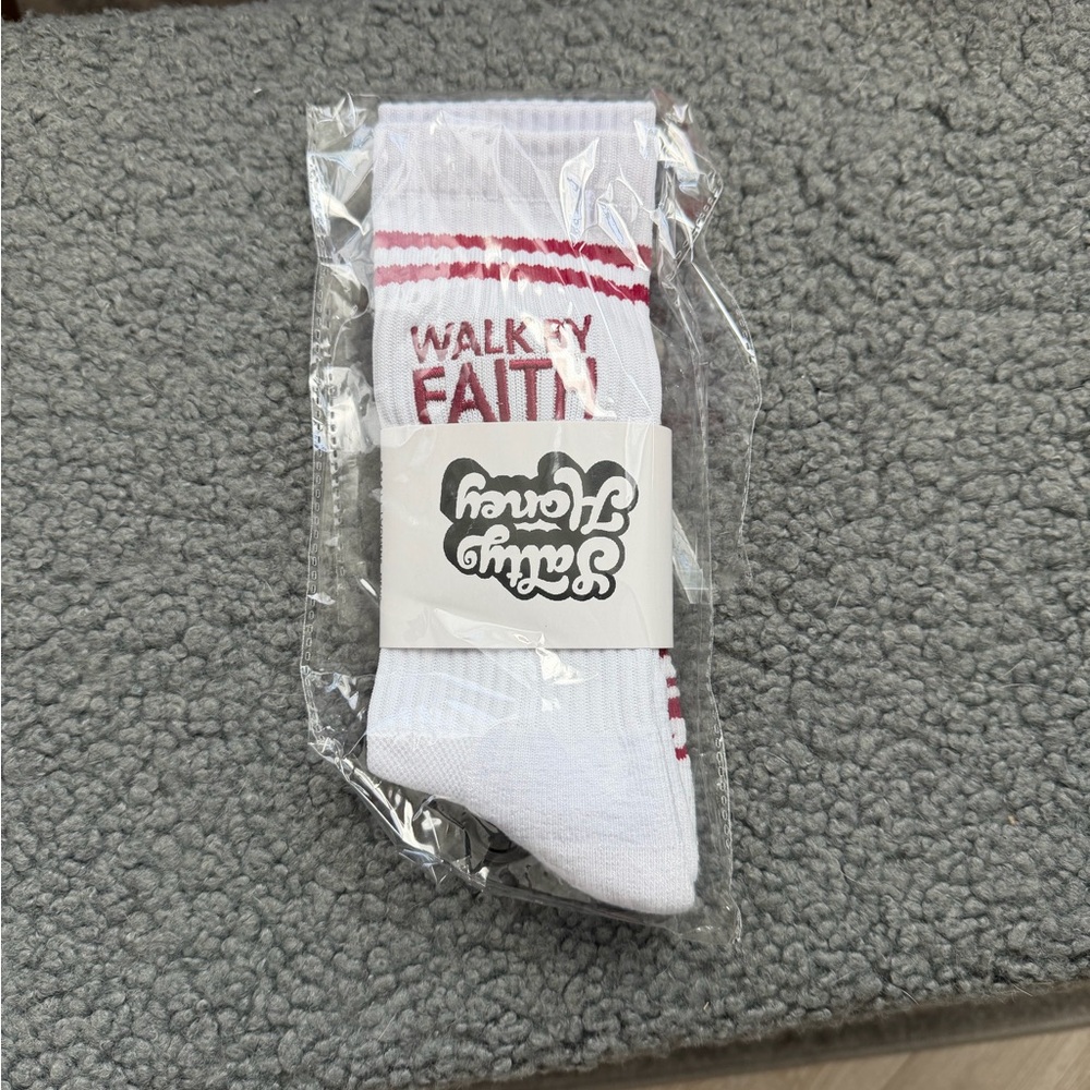 Walk By Faith White Crew Socks with Maroon Accent - Daily Comfort